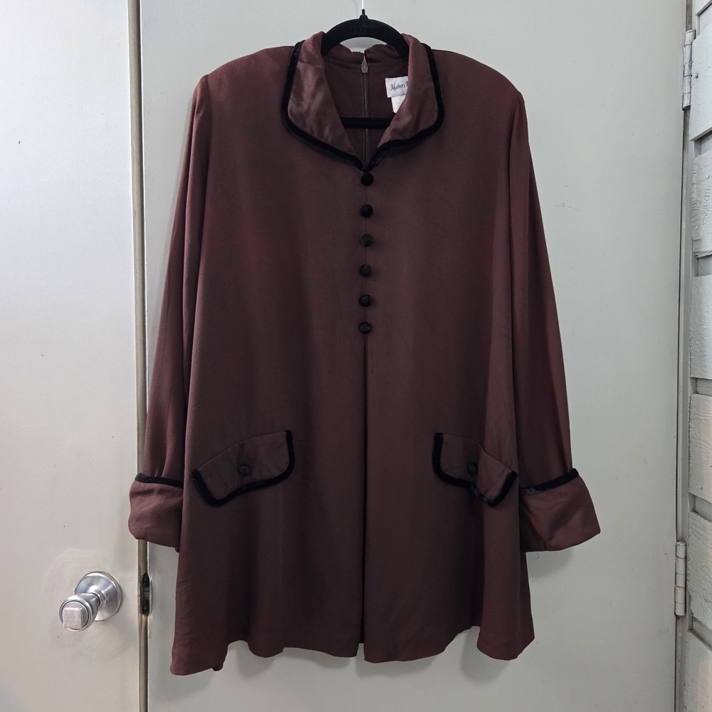 Vtg 90s Tunic Blouse Women's M Brown Black Velvet Trim Boxy Lagenlook Made USA